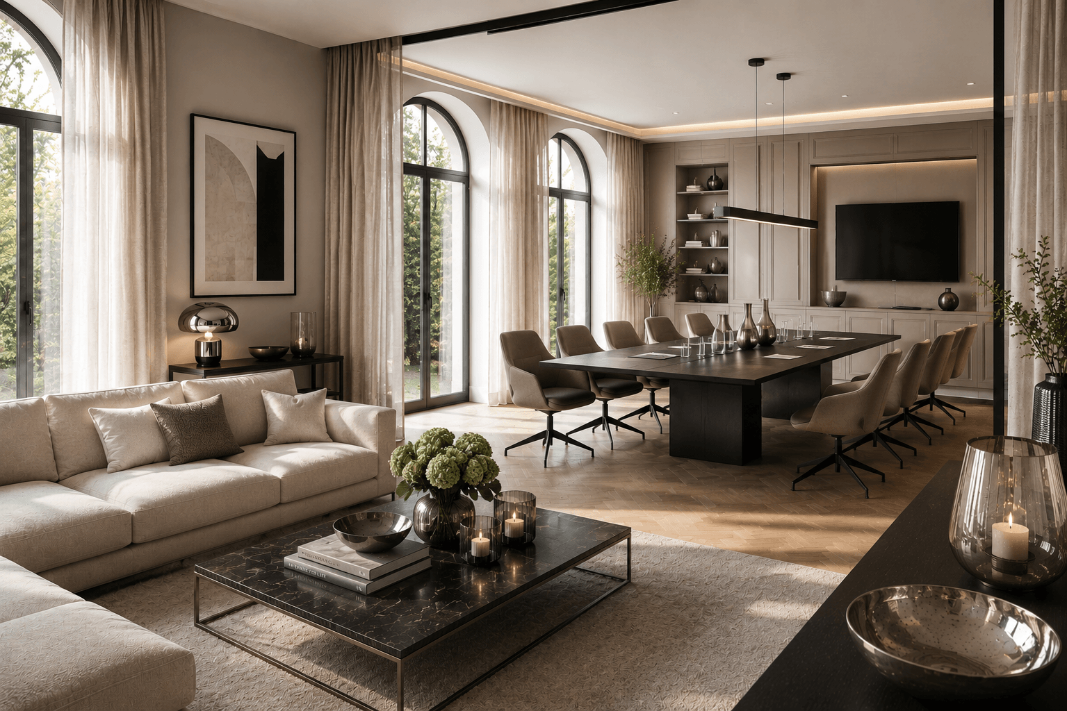 Lichtdurchflutetes Zimmer, das zwischen exklusiver Lounge und modernem Besprechungsraum changiert – mit hochwertigen Leinenvorhängen und Accessoires